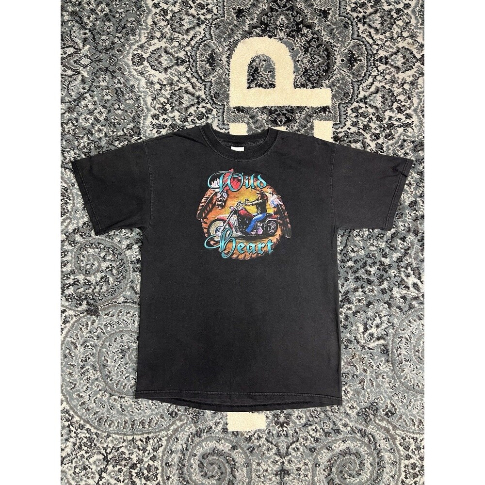 Vintage 90s Gildan Wild Heart Motorcycle Tshirt Size Medium Black Sunfade